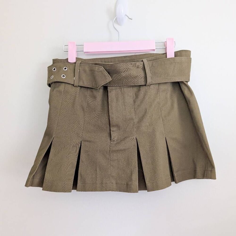 No Vacancy Army Green Belted Pleated Skirt